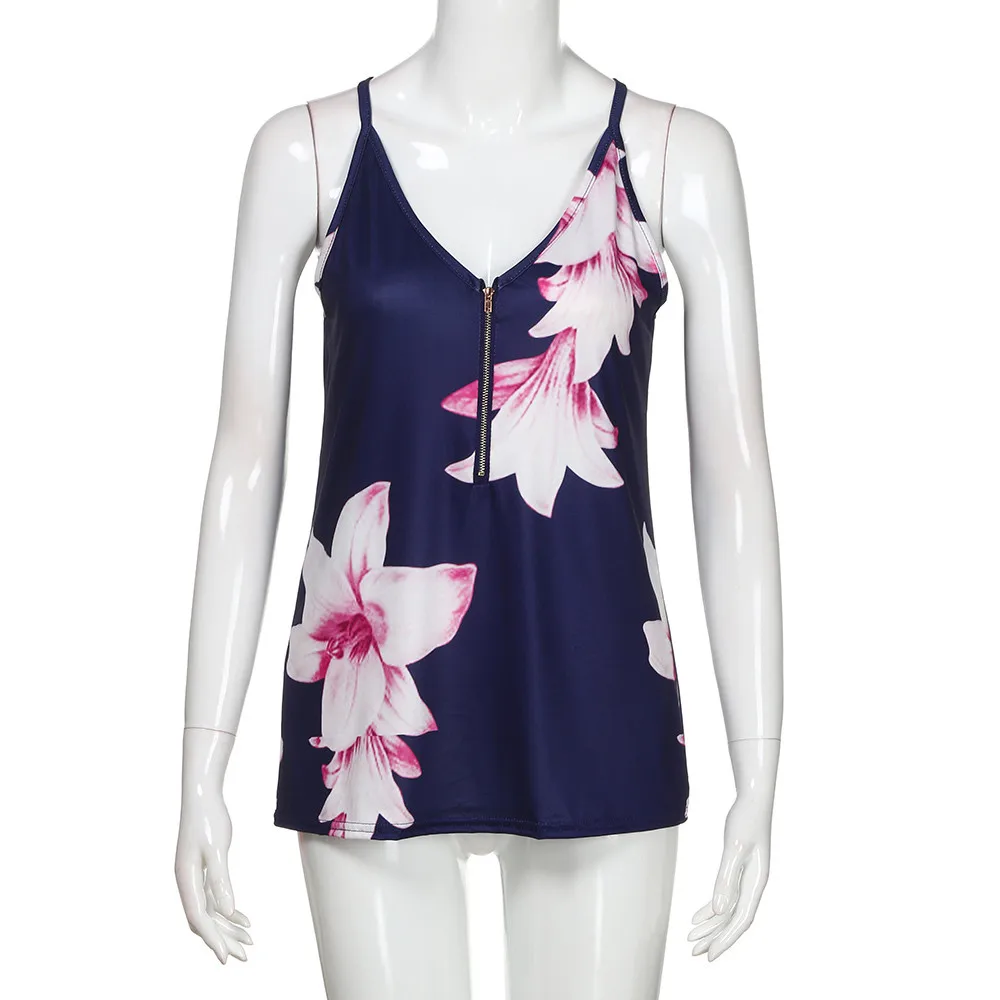 Feitong/Летняя модная женская футболка на молнии с цветочным принтом сексуальная