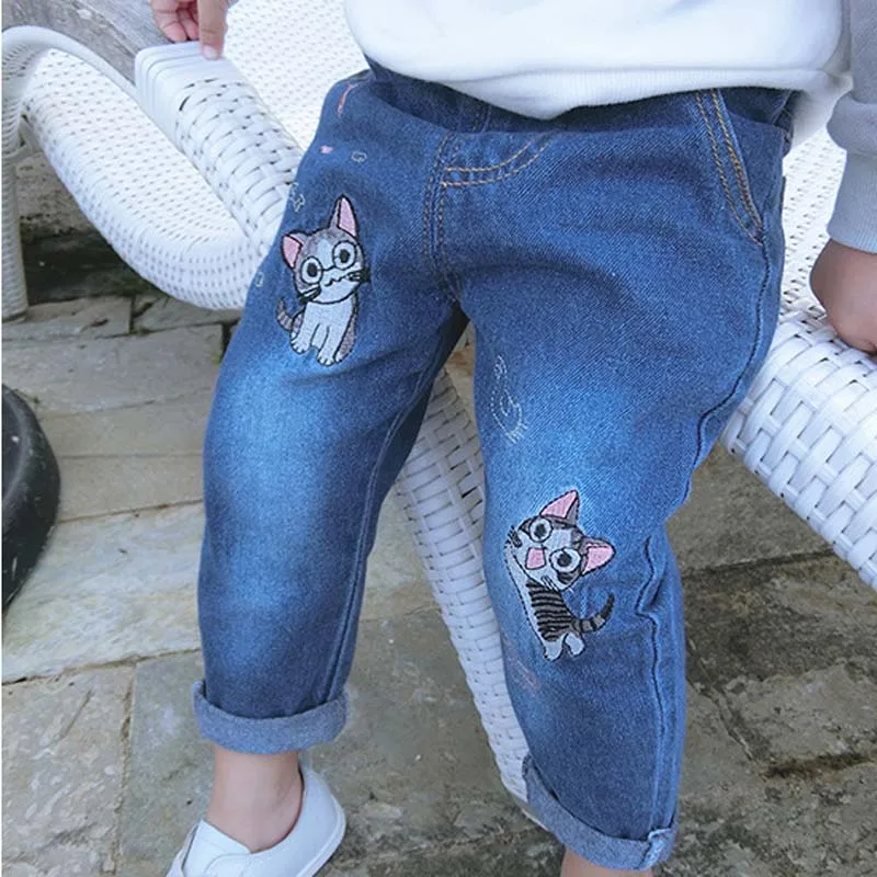 Hzirip Новинка 2017 года Демисезонный Модные джинсы для девочек длинные Брюки Кот