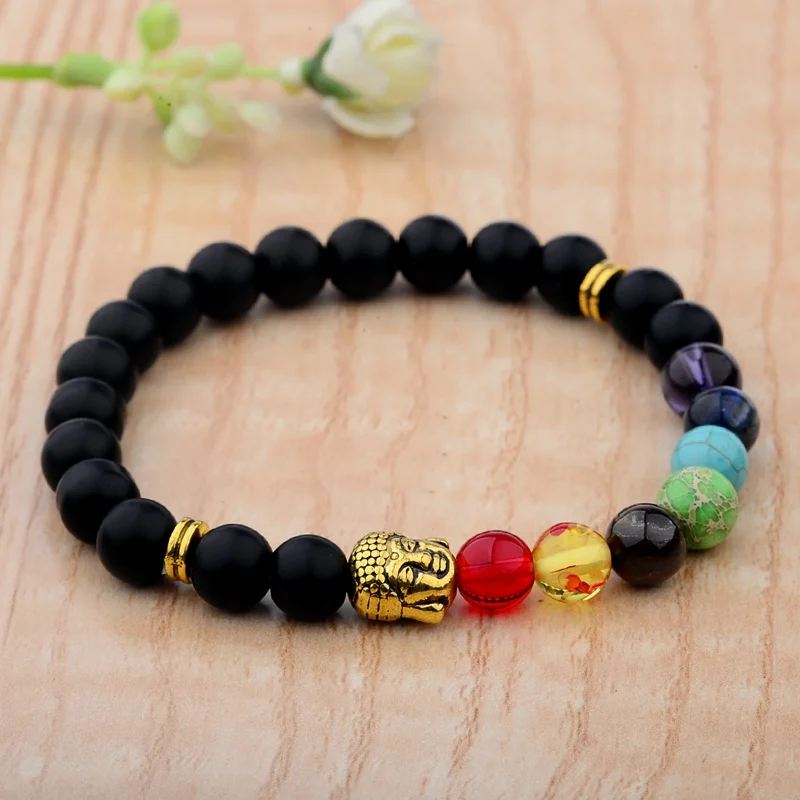 Шлем воина матовый черный камень бусы 7 Чакра браслет Корона Будды голова