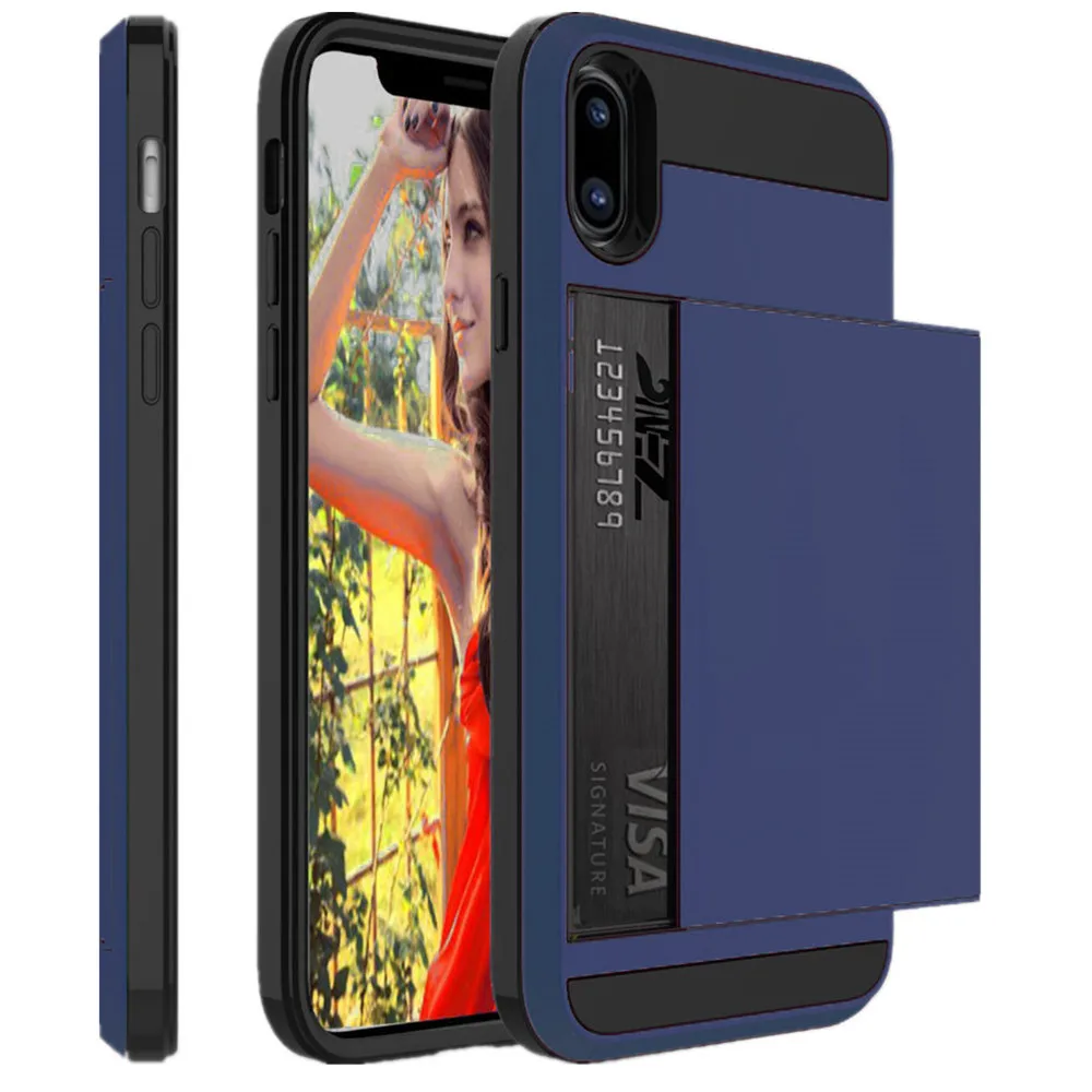 Для iPhone X XS Max 7 8 XR 5 SE 6 Чехол-кошелек держатель для карт ID Слот раздвижной для двери Скрытая Карманный чехол для iPhone 5 5 S 6 6S Plus 7 - Цвет: Navy Blue