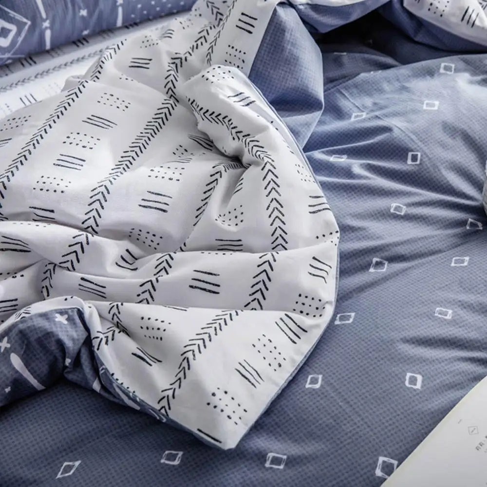 Набор постельного белья из мягкого хлопка с геометрическими линиями серый синий