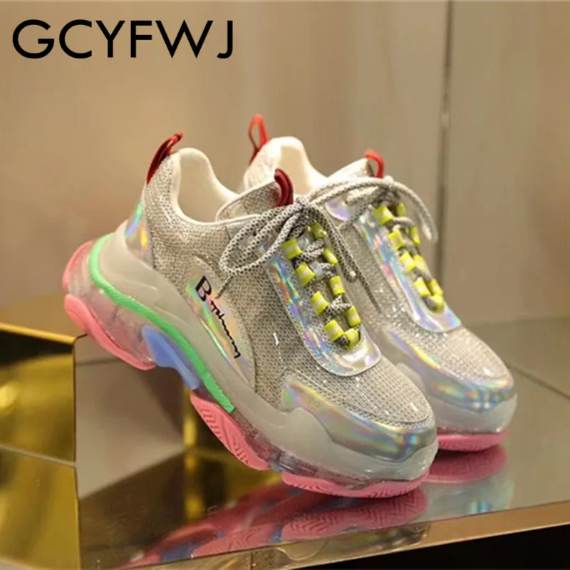 GCYFWJ/Обувь для папы с кристаллами; женские кроссовки; обувь из разноцветной кожи; повседневная женская обувь на платформе; сезон весна-лето; Новинка
