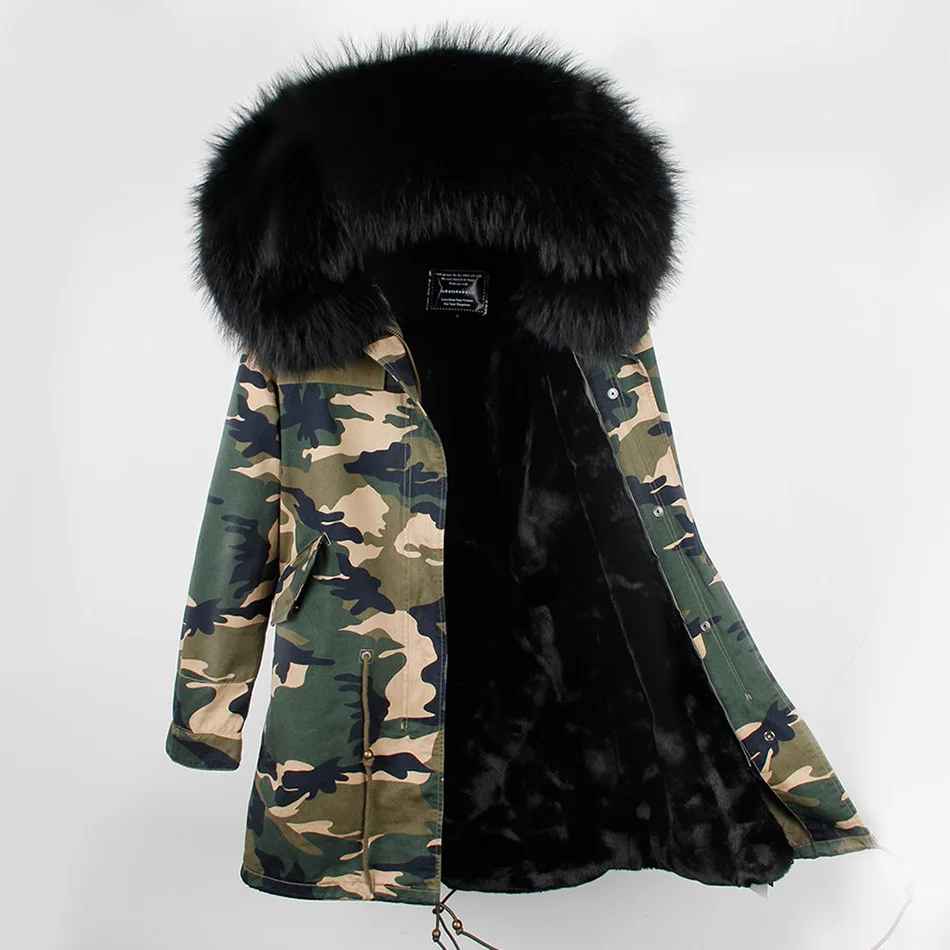 Мех любовь женщин Army Green Большой изделие из меха енота куртка с капюшоном парки верхняя одежда длинные съемной подкладкой зимняя куртка фирменный стиль