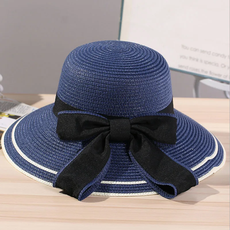 

New Sunscreen Girl adult female Women summer straw hat stripes big bow straw beach Big edge hat Repair high quality lm19