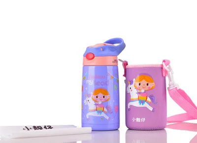 purple with bag 400 мл Детские вакуумные фляги, бутылка для воды с соломинкой, сумка для рук, детский чайник для сухого молока, 316 термос из нержавеющей стали, кружки с соломинкой - Цвет: purple with bag