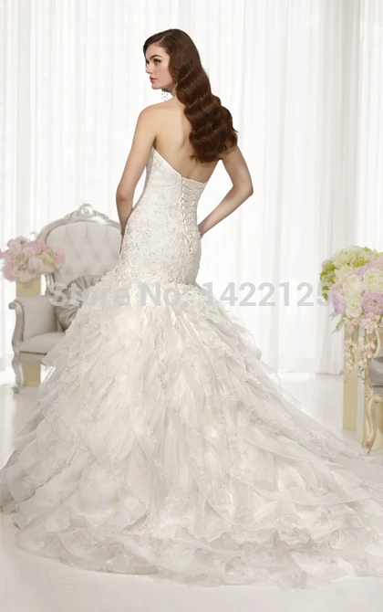 2015 Popular A line Strapless Essense Wedding Dresses D1559 Lace Up Appliques Beads Pleat Backless Chapel Train Bridal Gowns | Свадьбы и