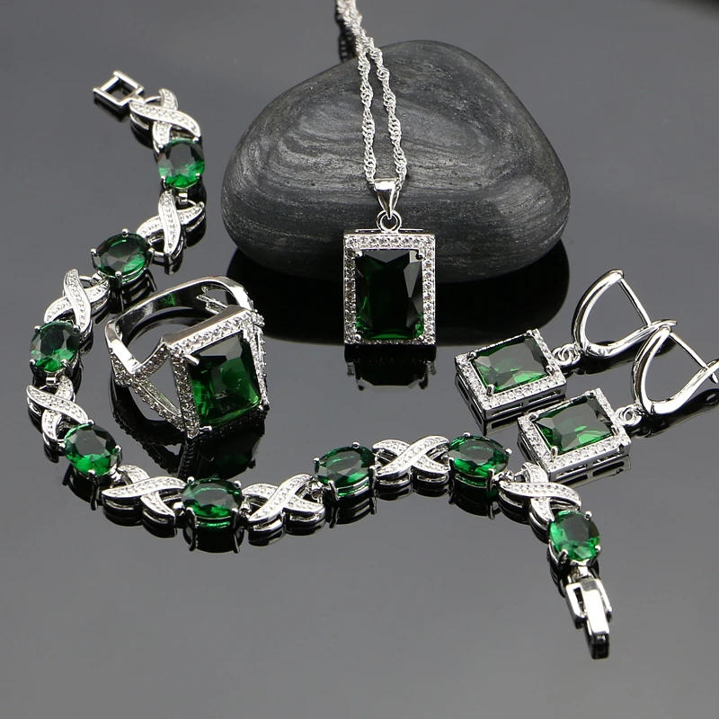 

925 Sterling Silver Jewelry Sets Green Cubic Zirconia White Crystal For Women Earrings/Ring/Bracelet/Pendant/Necklace