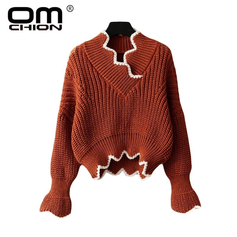 OMCHION Sueter Mujer 2018 V Neck Waves Irregular Crop Sweater Women Casual Korean Short Knit Pullover Autumn Jumper LMM100 | Женская