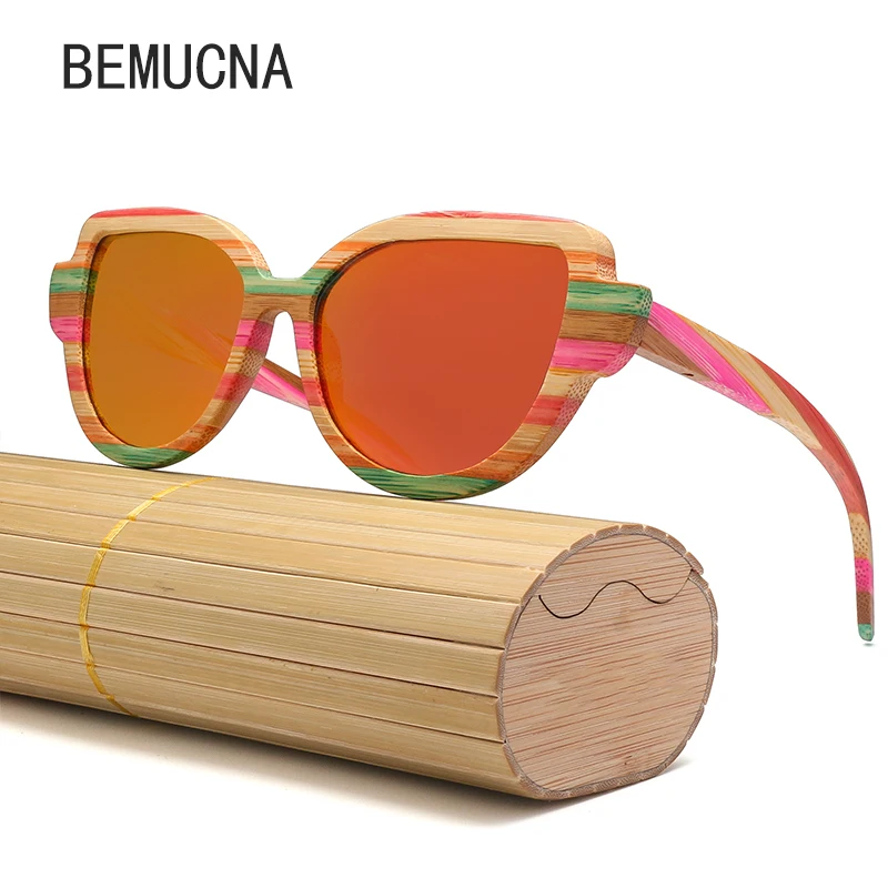BEMUCNA 2018 новые очки Женщины дерево Мода красочные Бамбук-деревянные bamboo кошачий