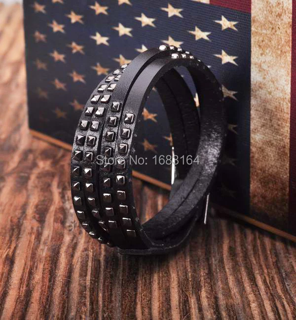 Black Double Wrap Leather Wristbands Bracelet Cuff Punk Lined &ampStudded New Mens | Украшения и аксессуары