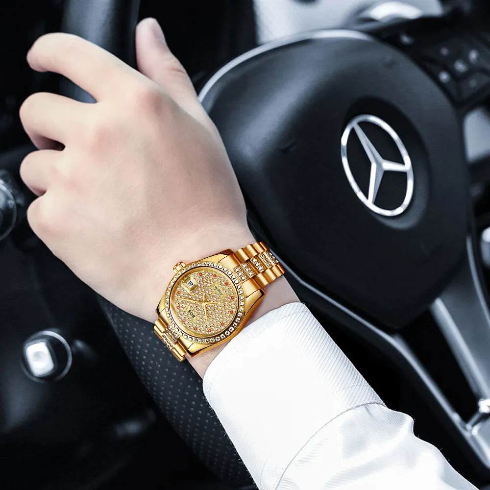 Montre Homme мужские новые модные автоматические механические часы календарь тонкая сталь водонепроницаемые золотые часы Полный горный хрусталь Zegarki Meskie