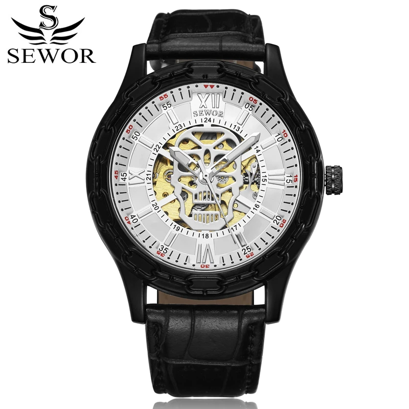 SEWOR классические мужские часы механические Автоматические кожа Роскошные Череп