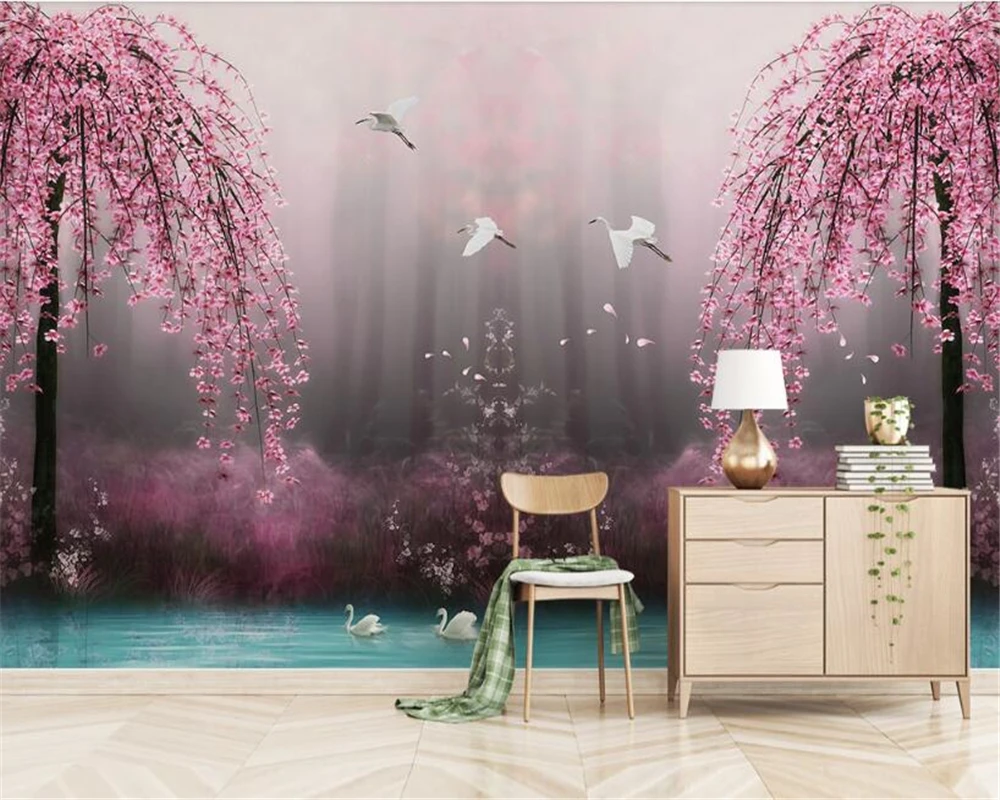 beibehang Beautiful personality three-dimensional wall paper fantasy pink cherry Swan Lake scenery TV background 3d wallpaper