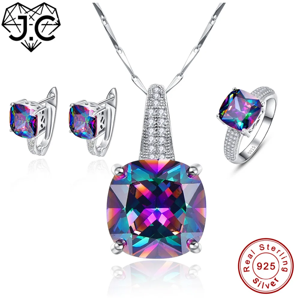 Подвеска кольцо и серьги из серебра 925 пробы с радужным мистик топазом|jewelry sets|ring