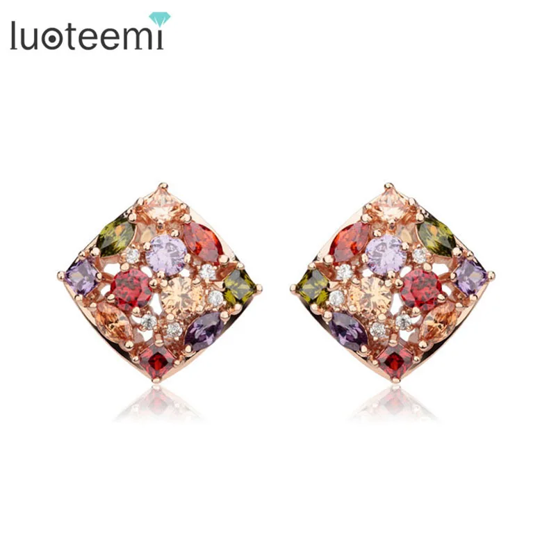 LUOTEEMI Hot Sell Luxury Stud Brincos Colorful Earrings Zircon Stone Rose Gold Color for Women Engagement Jewelry|earrings women|earrings forcolorful