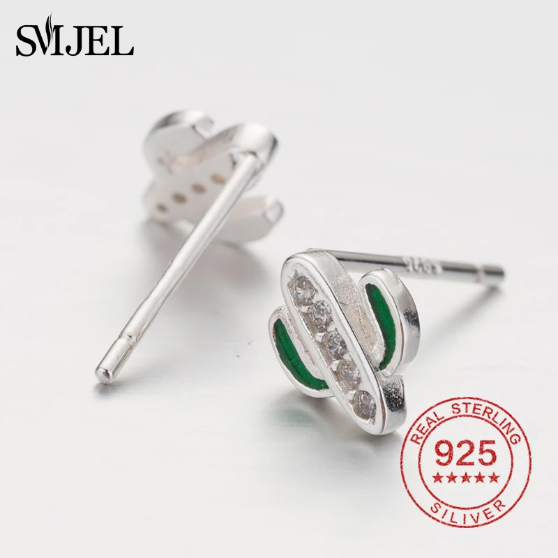 SMJEL 100% 925 Sterling Silver White &amp Green Cactus Stud Earrings for Women Earring Jewelry Christmas Gift Bijoux | Украшения и