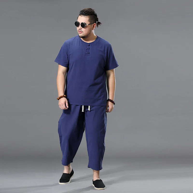 

plus size M-9XL casual Men linen solid Tops Tees sets T-shirts New Arrival Summer T shirt o-neck short sleeve two-piece suits