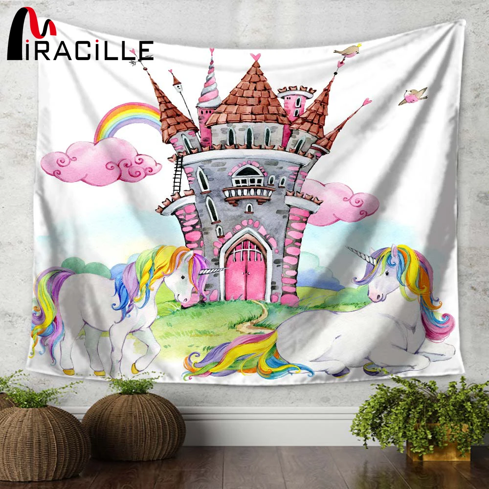 

Miracille Cartoon Unicorn Rainbow Castle Printed Wall Tapestry Kids Room Wall Hanging Tapestries Moroccan Decor Sofa Chair Cover