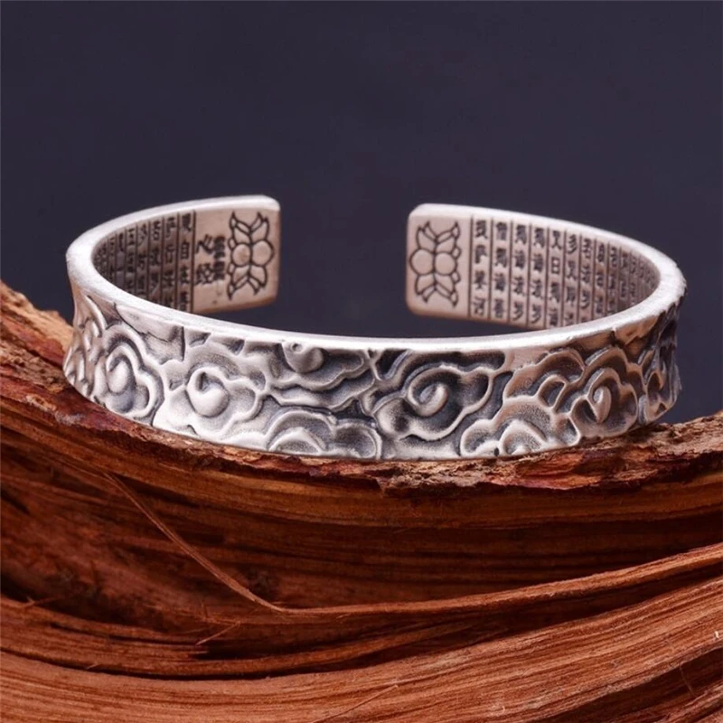 

Sole Memory Retro Creative Thai Silver Clouds Buddhist Scriptures Silver Color Female Resizable Bangles SBR165