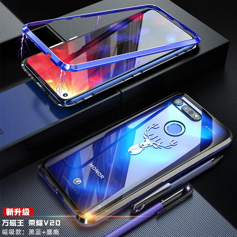 Полная защита Магнитный флип-чехол для huawei Honor View 20 металлическая рамка+ прозрачная закаленная стеклянная задняя крышка с лосем wapiti - Цвет: Black Blue elk