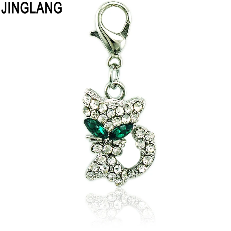 JINGLANG Charms With Lobster Clasp Full Rhinestone Green-eyed Cat Charm Pendant DIY For Jewelry Making Accessories |