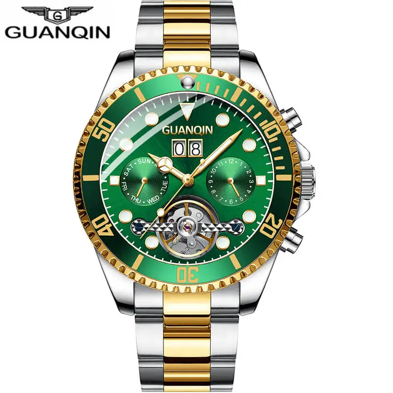 Gold Green GUANQIN, мужские часы, автоматические механические мужские часы, деловые часы, мужские Роскошные военные водонепроницаемые часы с турбийоном - Цвет: Gold Green