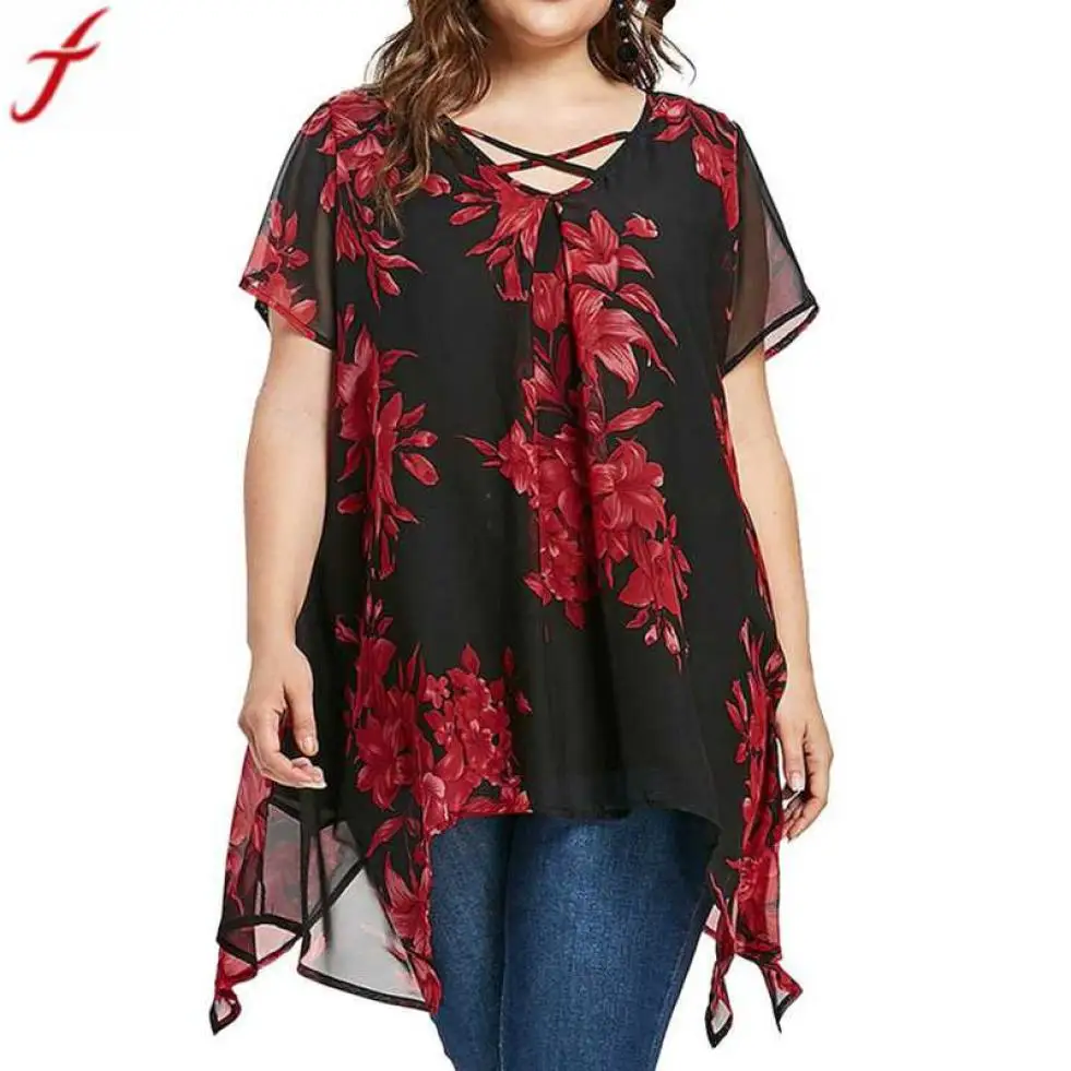 Женские топы 5xl 2019 летняя двойная шифоновая блузка с перекрещивающимися спереди