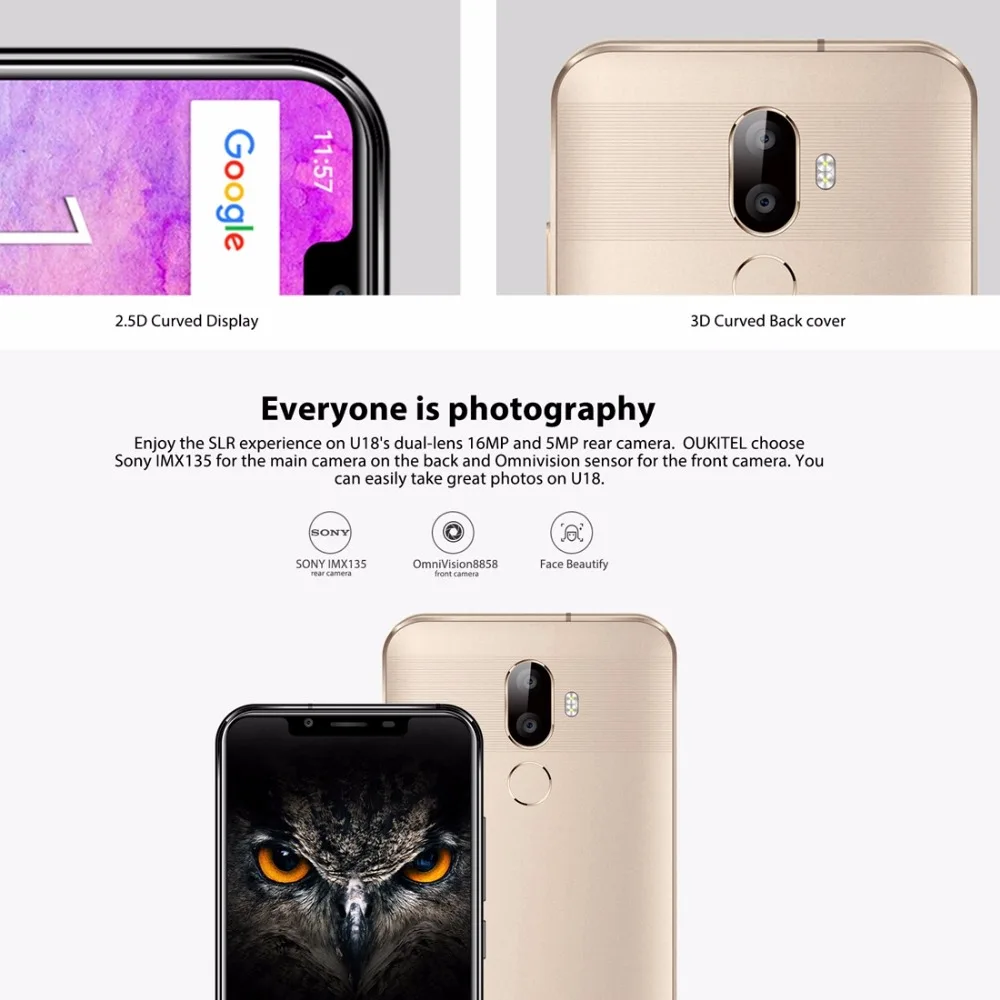 OUKITEL U18 5 85 &quot21:9 полный экран Face ID Смартфон Android 7 0 MT6750T Octa Core 4 Гб 64 13MP Двойная камера