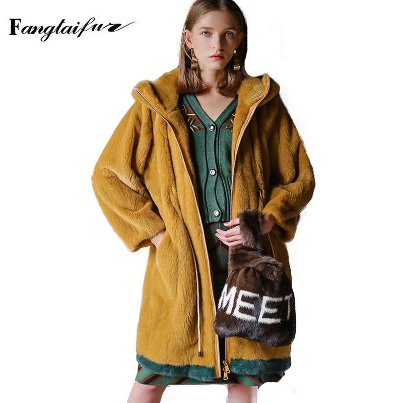 

Ftangaiur Winter Import Velvet Mink Fur Coat With Fur Hood Full Sleeve Slim Mink Coats Women Medium Real Mink Fur Coats