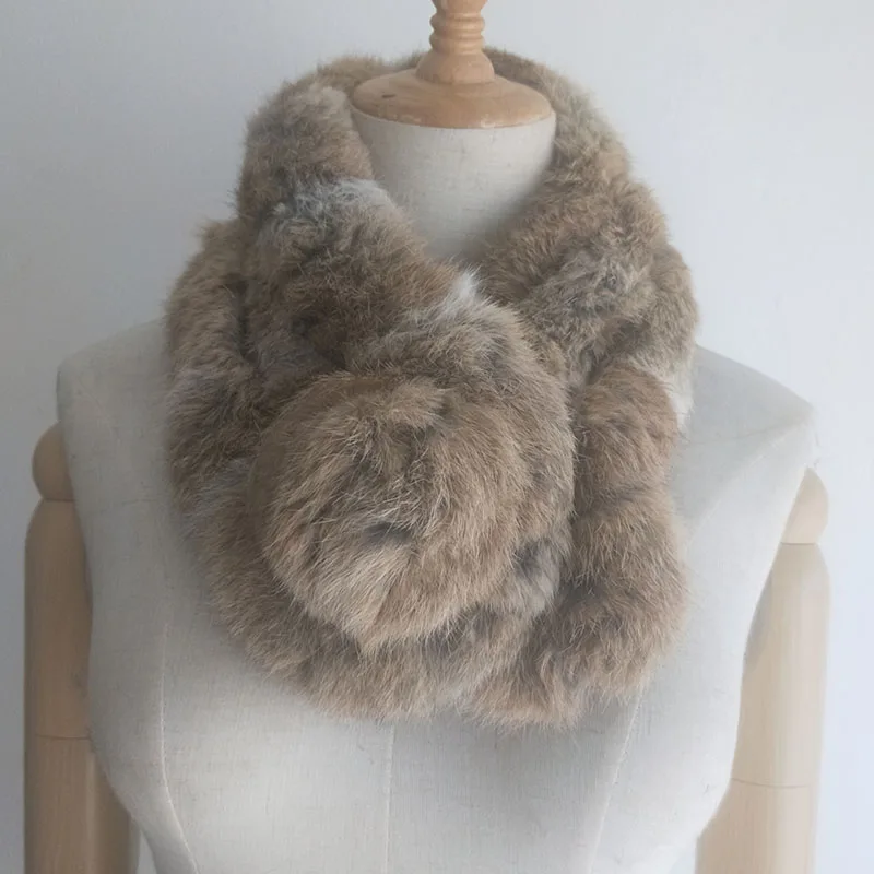 Шарф с помпоном из натурального кроличьего меха женские зимние теплые толстые