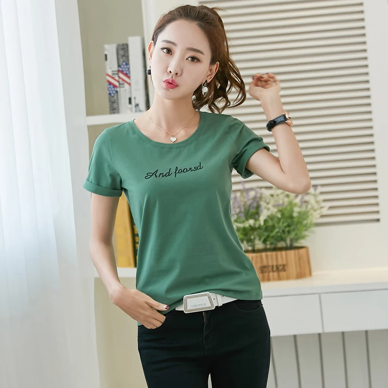 

2019 Summer women's short-sleeved t-shirt female printing round neck t shirt tops cotton solid t shirts girl M-3XL tshirt lady