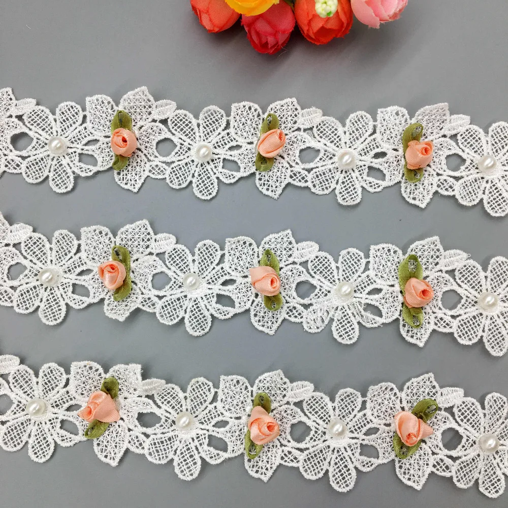 2 Yard Vintage Polyester Pink Flower Leaves Pearl Fabric Lace Trim Wedding Dress Ribbon Embroidered Applique Sewing Crafts | Дом и сад