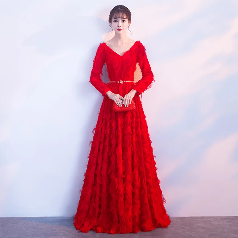 Женское платье с длинным рукавом вечернее в пол из тюля перьями|evening dress|evening dresses