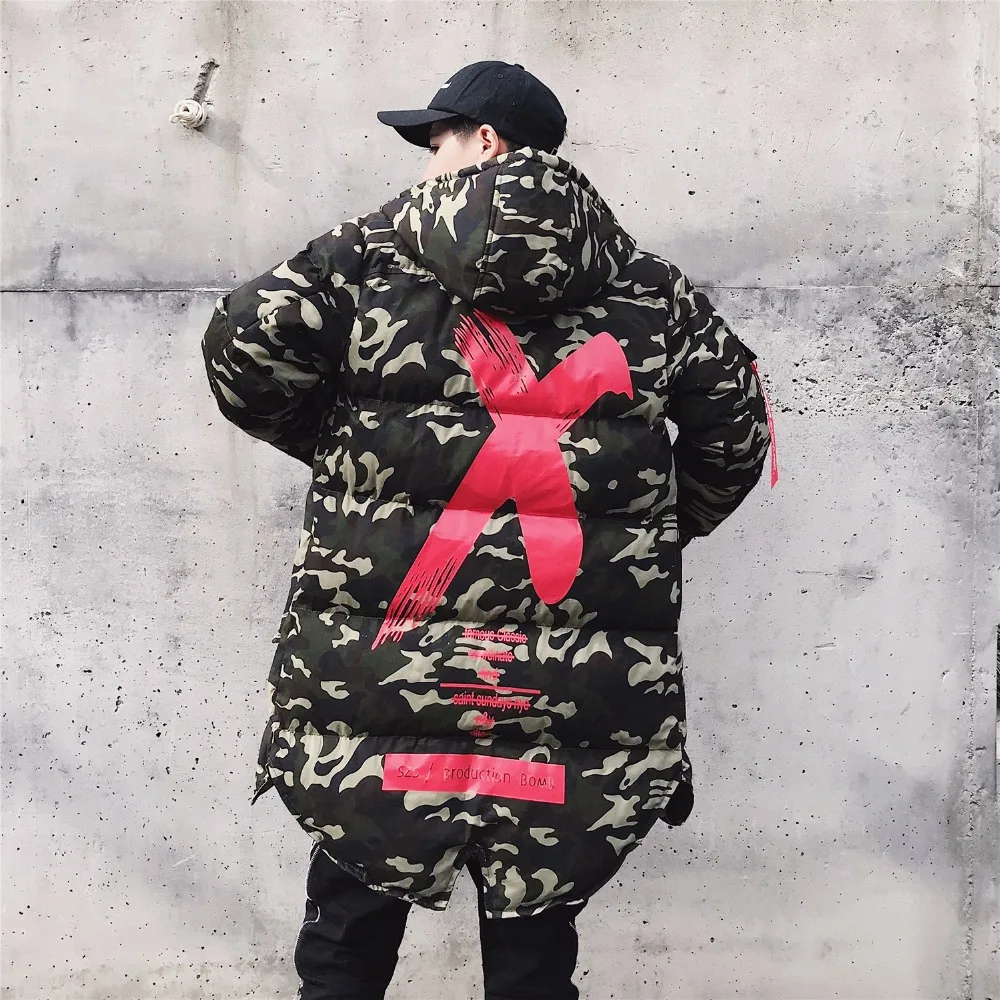 Теплая куртка Для мужчин длинные камуфляжная хип хоп Camo толстые куртки пальто