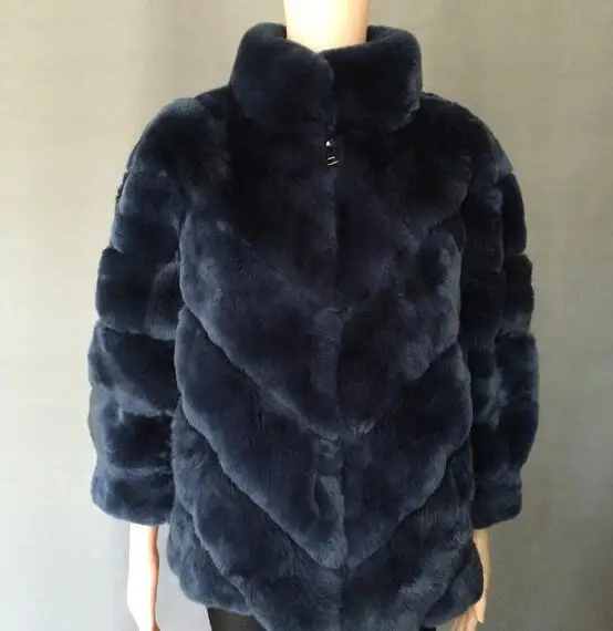 naby blue color 11 Настоящий мех кролика пальто короткая куртка в полоску размера плюс с рукавом летучая мышь Пушистый Зимний теплый рукав половина - Цвет: naby blue color 11