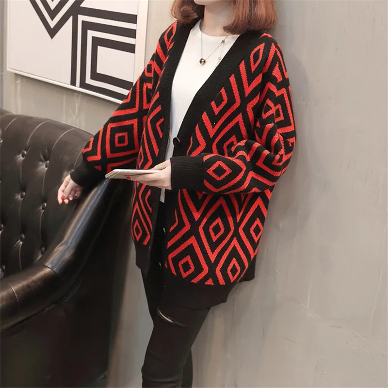 2019 Spring New Women Knitted Cardigan Casual Fashion Sweater Loose Diamond Lattice Knitwear Autumn Elegant Coat Lj334 |