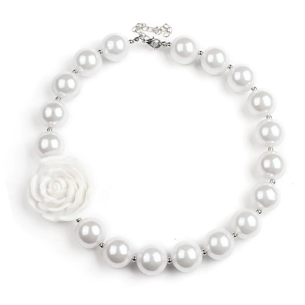 

5PCS Girls White Flower Chunky Necklace White Bubblegum Pearl Collares Child Party Dress Up Jewelry Kids Flower Chunky Necklace