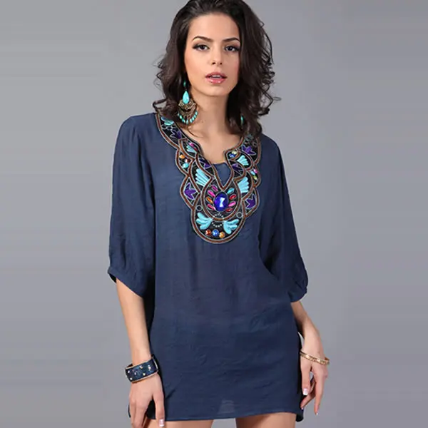 Женская Длинная блузка с вышивкой Элегантная большого размера из смешанного