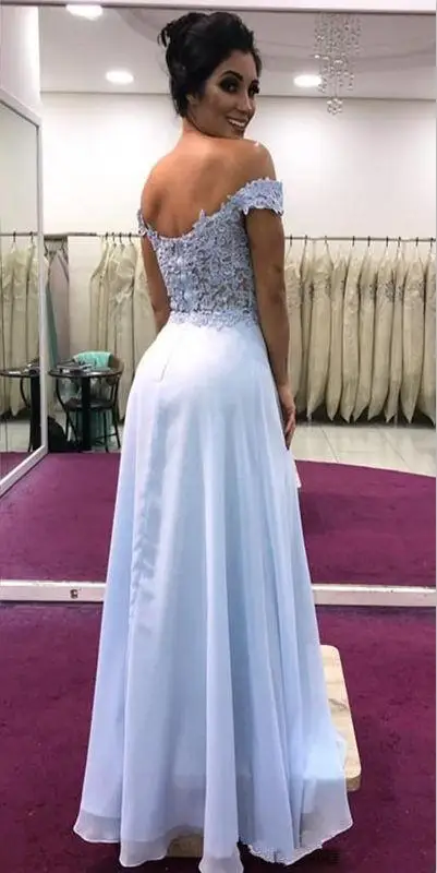 Светло голубое платье для выпускного вечера с открытыми плечами Кружевная