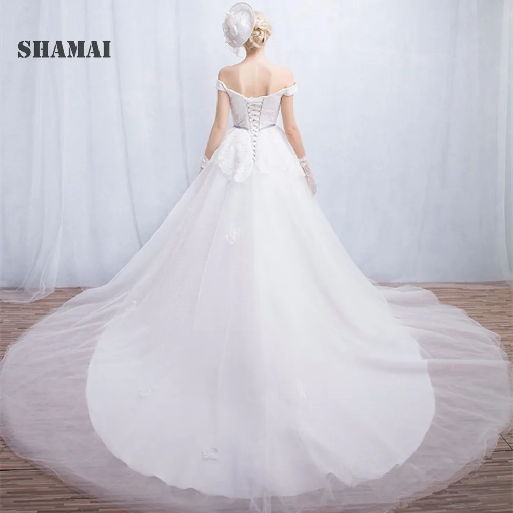 

Elegant Wedding Dresses 2020 New Bride Dress Lace Appliques A-Line Robe De Mariage Lace Up Back Vestidos De Noiva Off Shoulder