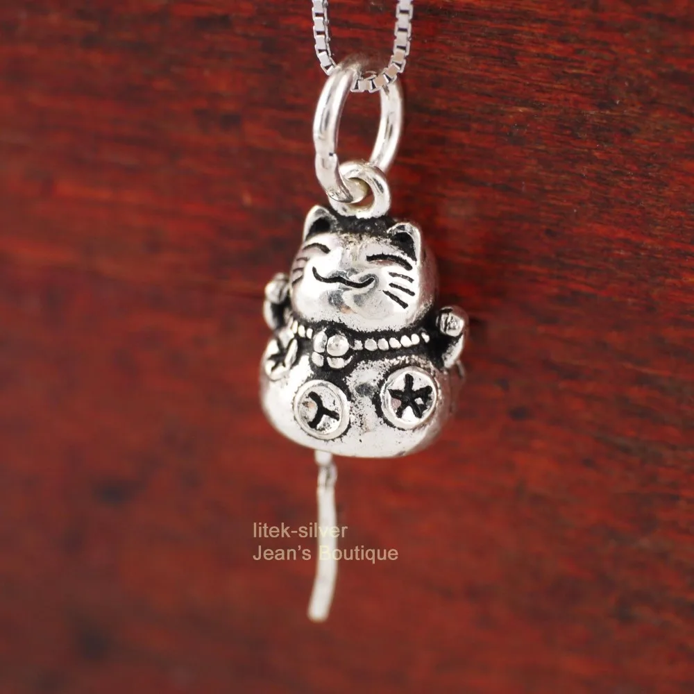S92 цельная Подвеска из стерлингового серебра с котом Maneki neko маленький размер