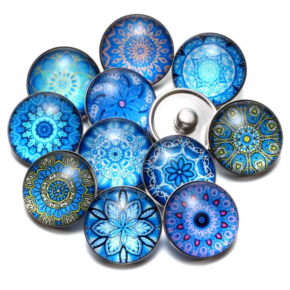 12pcs/lot Blue Series Theme Beautiful Exotic Pattern 18mm Snap Button Charms For Snaps Bracelet Jewelry KZ0630 | Украшения и