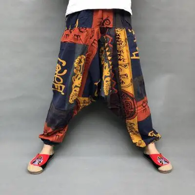 style 01 Льняные брюки с цветочным принтом и большим шаговым швом; повседневные шаровары с заниженным шаговым швом; штаны с эластичной резинкой на талии в индийском Непале; мешковатые шаровары - Цвет: style 01