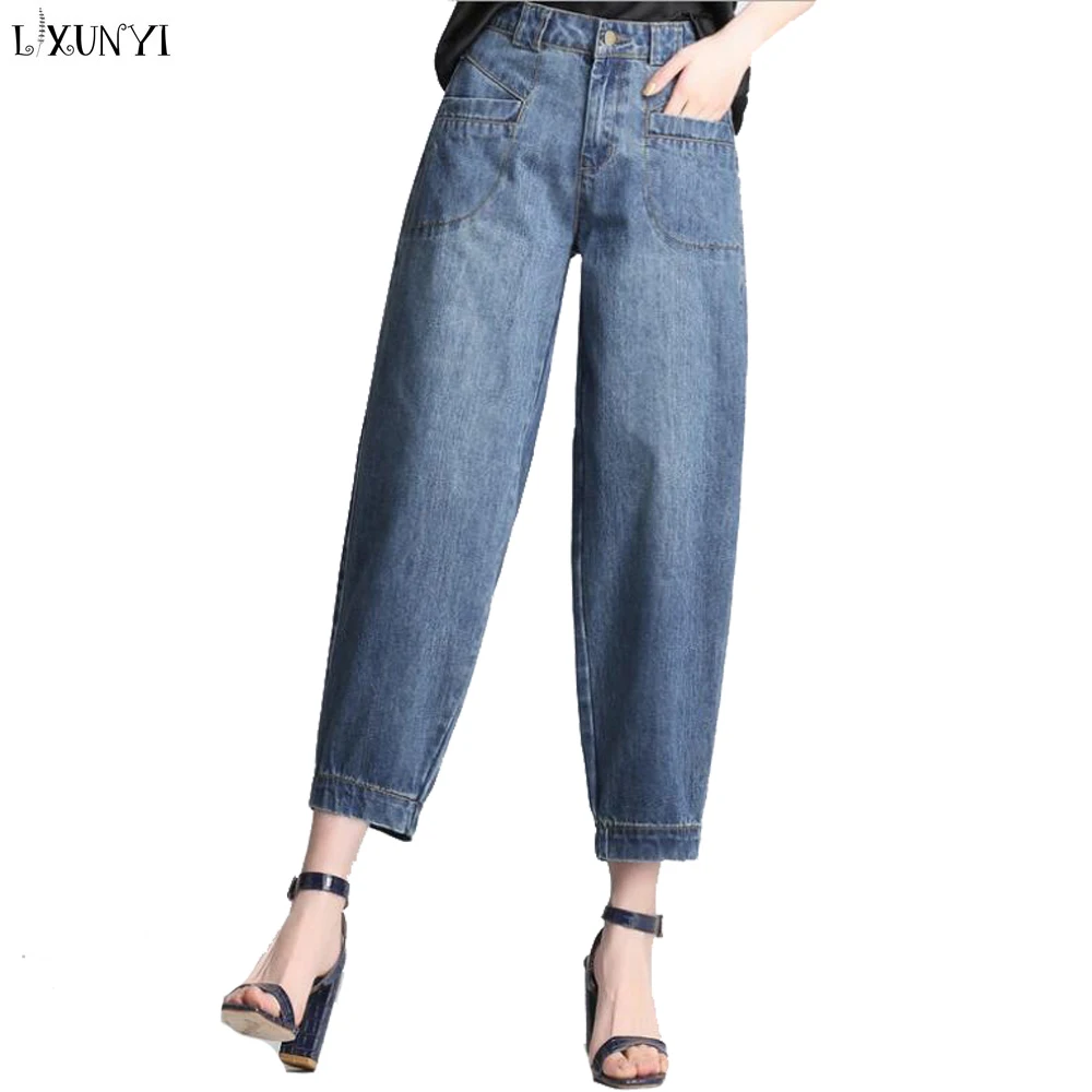 LXUNYI, XS-8XL, Женские джинсы-шаровары, плюс размер, весна, винтажные женские свободные джинсы, высокая талия, повседневные, длина до колен, штаны-фонарики