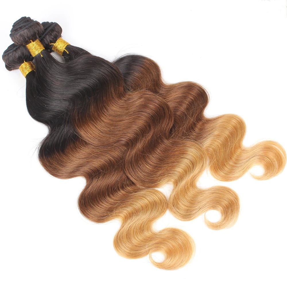 

Brazilian Hair Three Tone Ombre 3 Bundles 100g Hair Extensions Ombre Body Wave Black Brown Blonde 1B/4/27 Human Hair Weaving