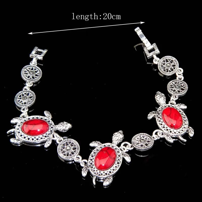 Античное серебро 3 шт. черепаха красная бирюза натуральное ожерелье серьги