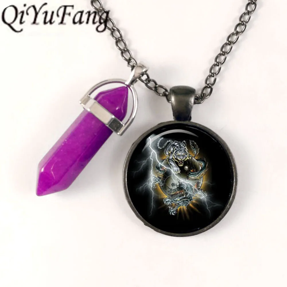 

QiYuFang jewelry Purple Crystal Steampunk glass Yin-Yang lightning dragon and tiger Pendant Necklace 1pcs/lot Men vintage