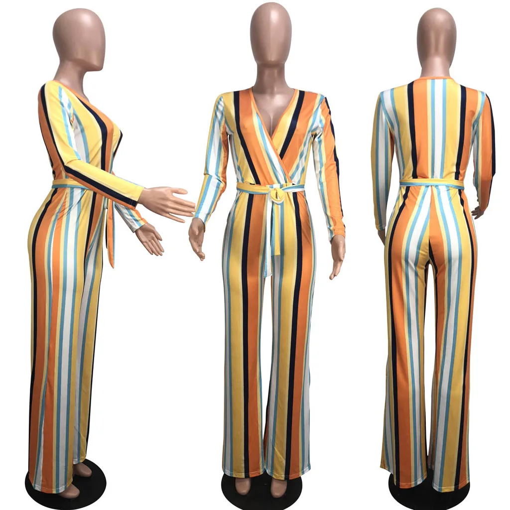 Loose Casual V neck Romper Jumpsuits for Women 2018 Long Sleeve Lace up Playsuit Wide Leg One Piece Oversized Outerwear | Женская одежда