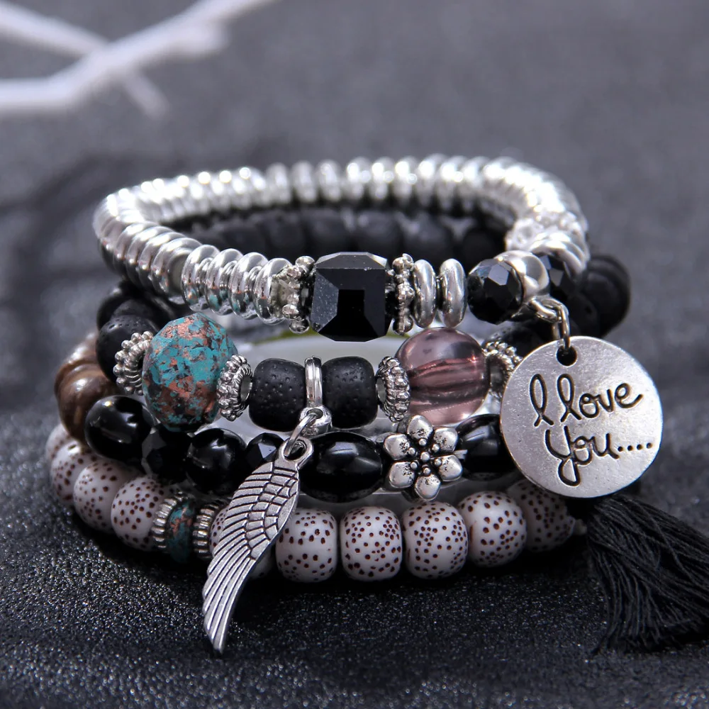 4 шт Boho крылья сердце Подвеска Шарм DIY бусины браслеты Набор для женщин Лава браслет с камнями браслет браслеты удивительная цена