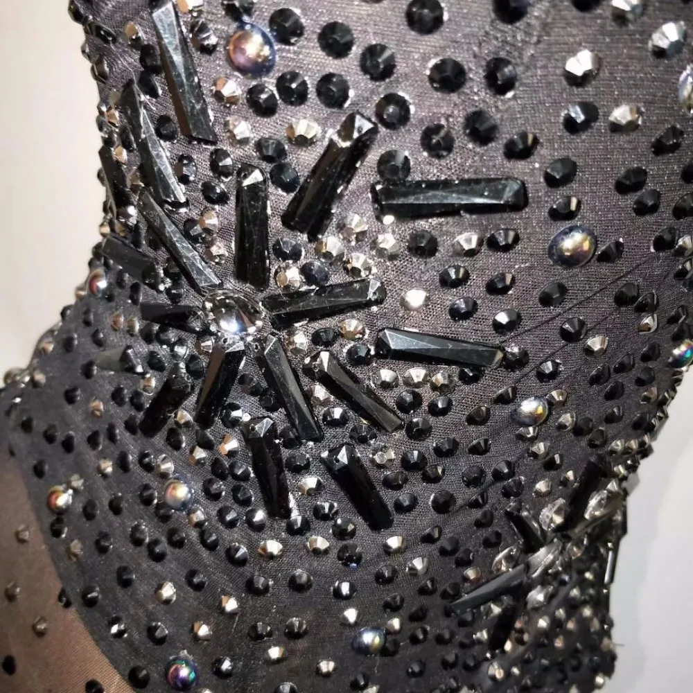 Женский сексуальный полный черный комбинезон стразы на сетчатой основе